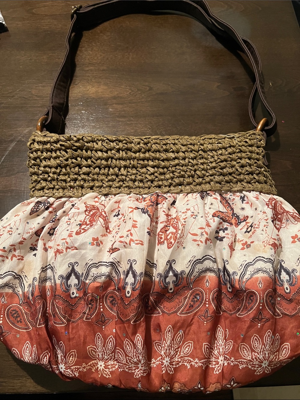 Boho Woven Straw and Paisley Print Shoulder Bag - Brown/Cream